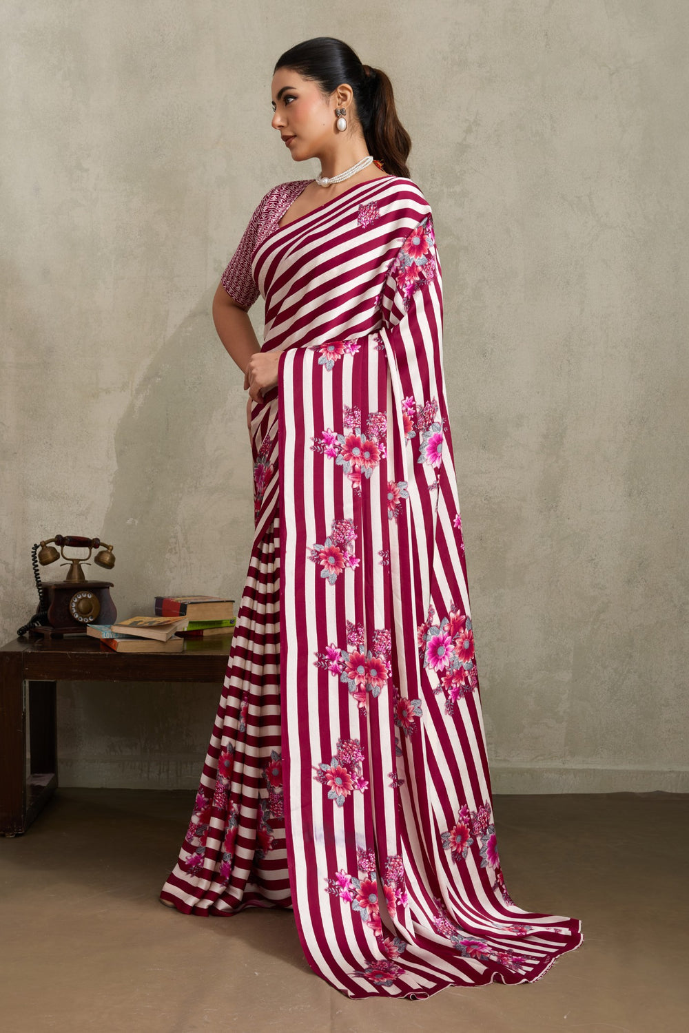 Pink Pure Soft Modal Satin Ajrakh Print Satin Saree Japan Satin Saree Anant Tex Exports Pvt.Ltd..