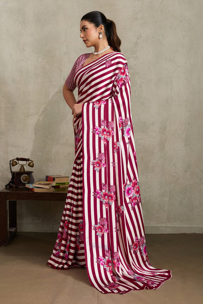Pink Pure Soft Modal Satin Ajrakh Print Satin Saree Japan Satin Saree Anant Tex Exports Pvt.Ltd..