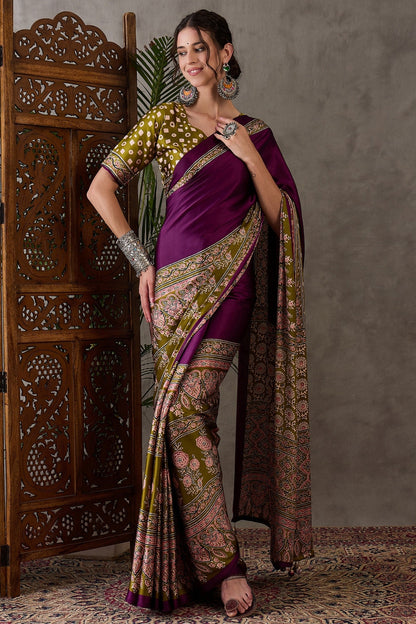 Berry Purple Pure Soft Modal Satin Ajrakh Print Satin Saree Japan Satin Saree Anant Tex Exports Pvt.Ltd..