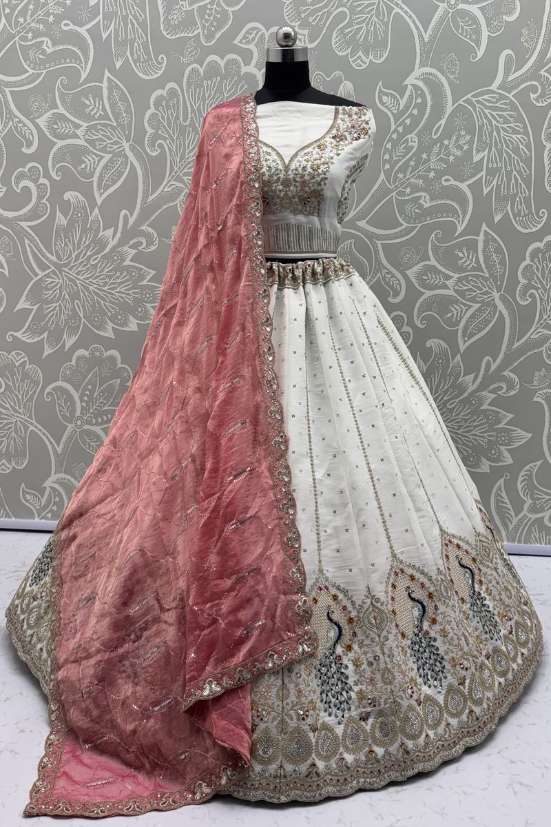 White Pure Soft Gadhwal Silk Heavy Embroidery Work Bridal Lehenga