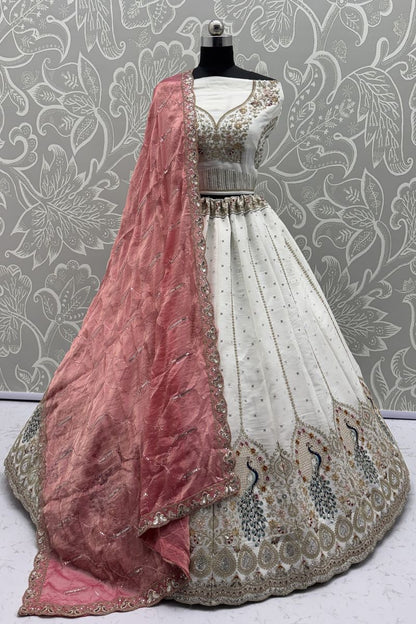 White Pure Soft Gadhwal Silk Heavy Embroidery Work Bridal Lehenga