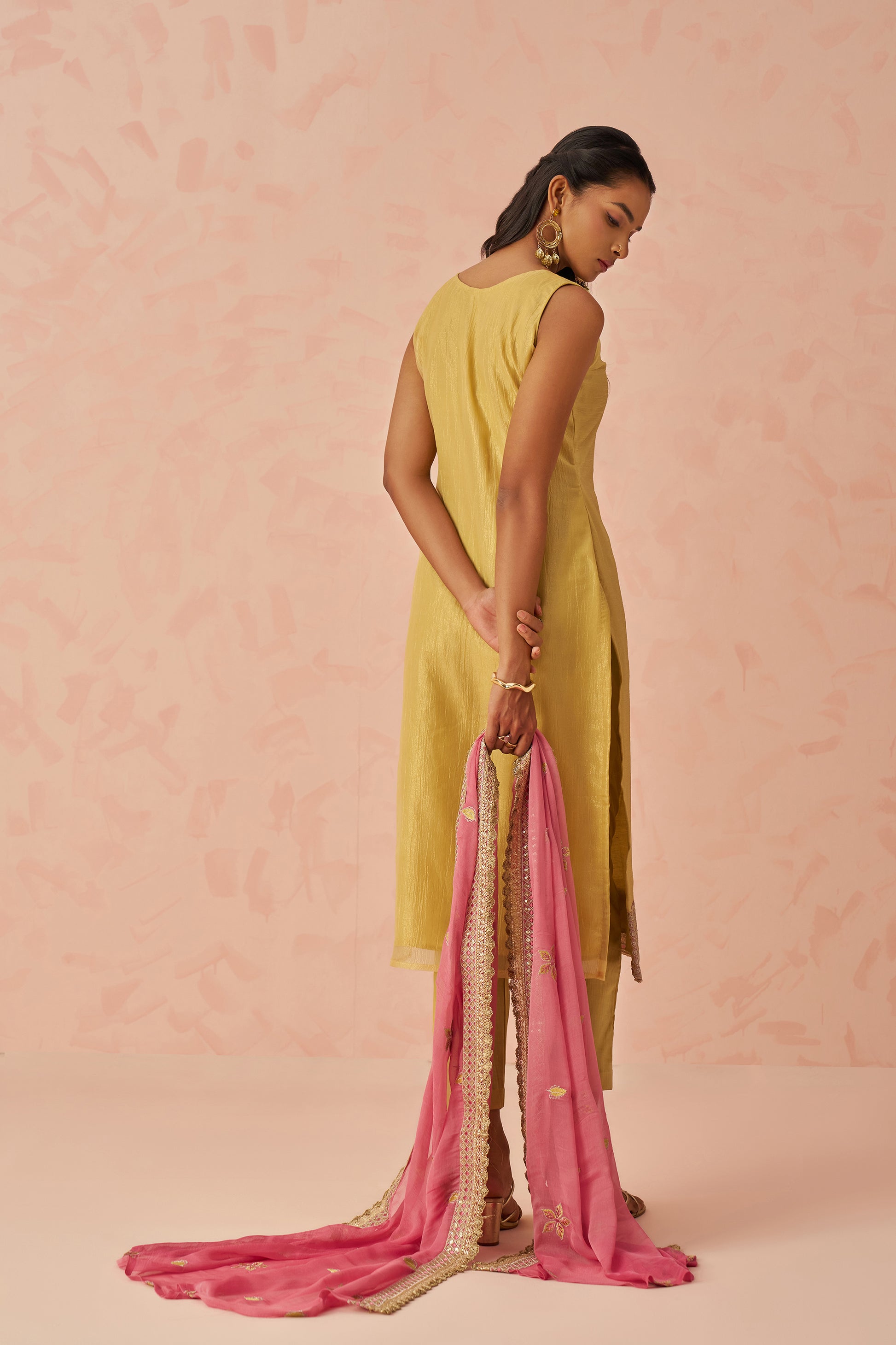 Mustard Pink Embroidered Kurta Set with Chiffon Dupatta