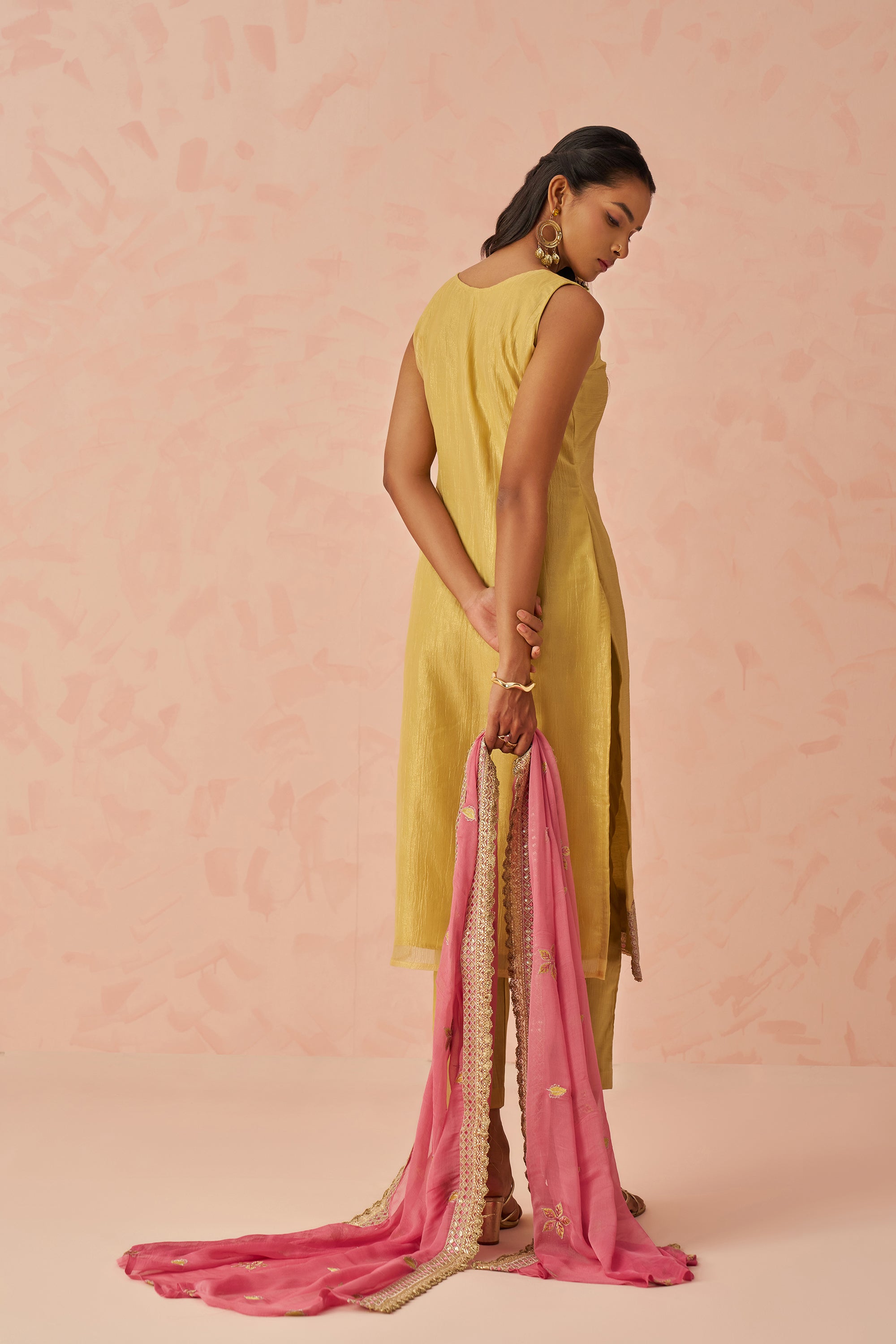 Mustard Pink Embroidered Kurta Set with Chiffon Dupatta
