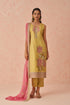 Mustard pink sleeveless embroidered kurta set with chiffon dupatta