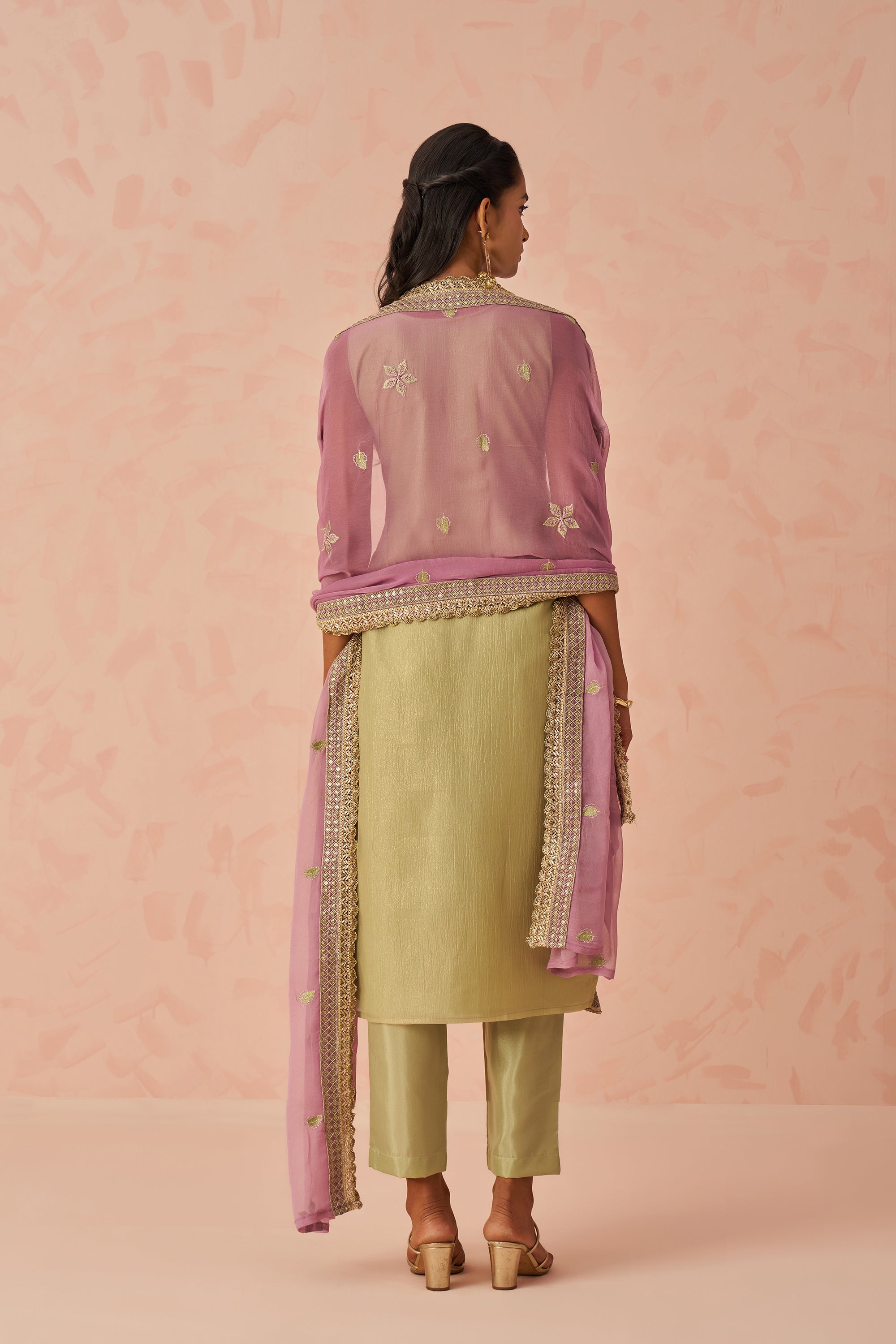 Pista Green Embroidered Kurta Set with Pink Chiffon Dupatta