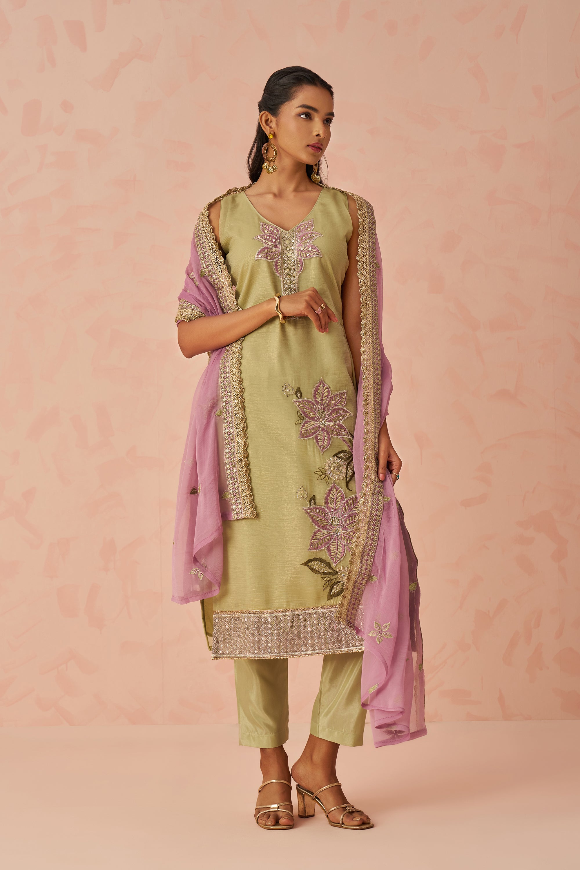 Chiffon dupatta with handwork on mustard kurti set