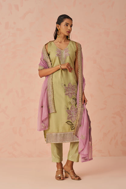 Chiffon dupatta with handwork on mustard kurti set