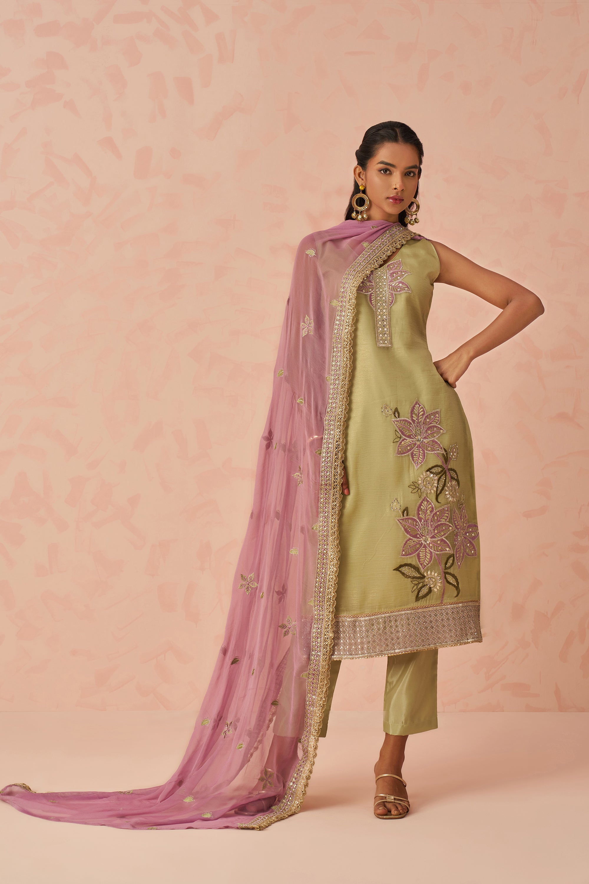 Fancy crush kurta with floral embroidery in mustard shade