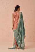 Mauve Embroidered Kurta Set with Green Chiffon Dupatta