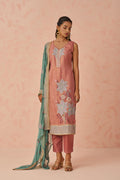 Mauve Embroidered Kurta Set with Green Chiffon Dupatta