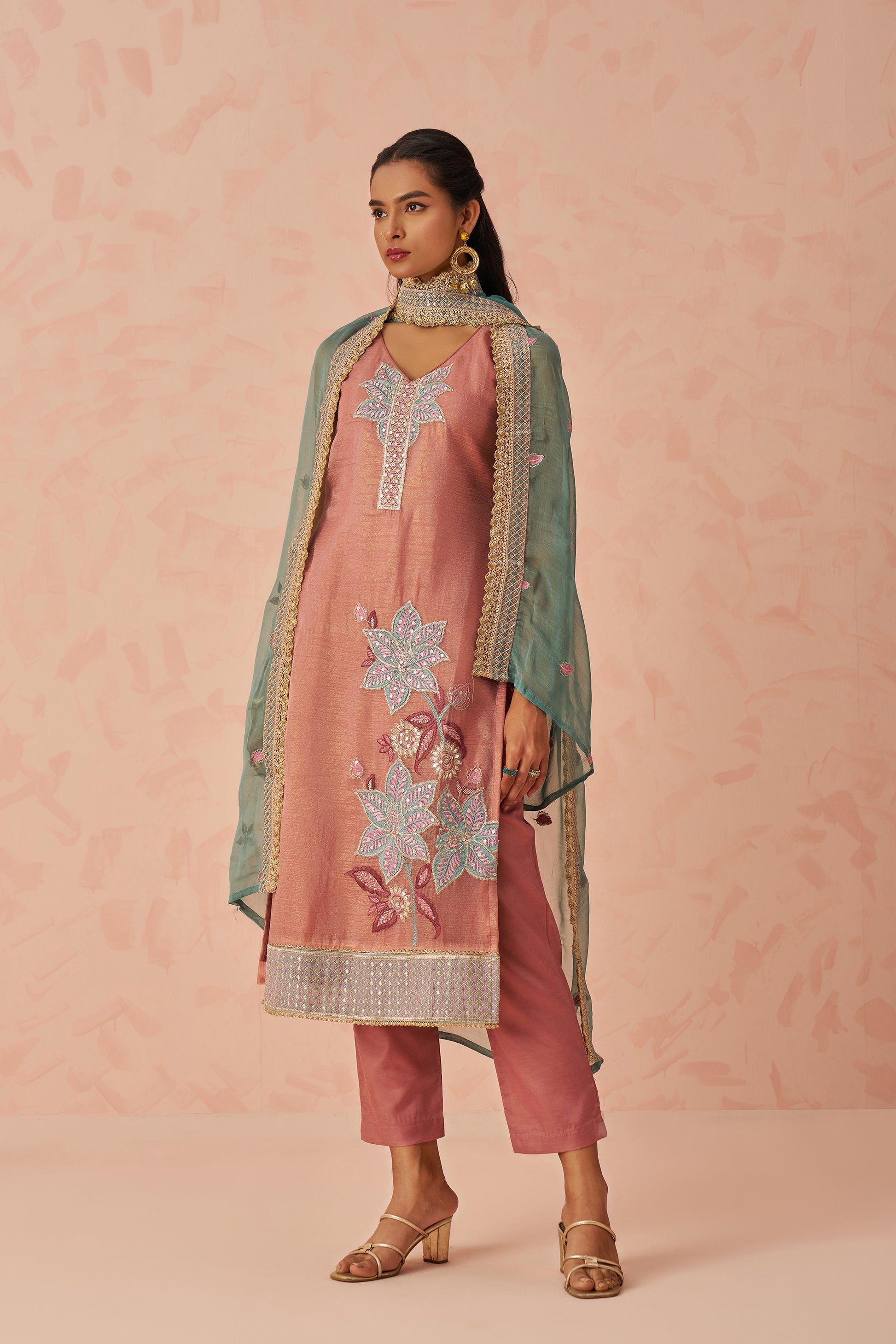 Floral embroidery mauve kurti suit with festive styling