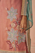 Mauve Embroidered Kurta Set with Green Chiffon Dupatta