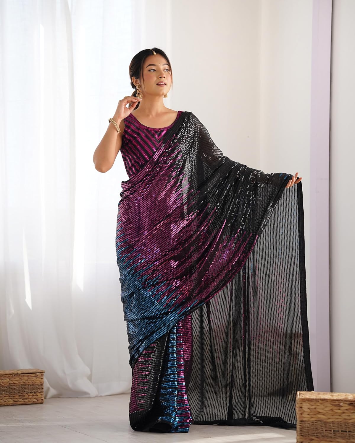 Multicolour Pure Heavy Georgette Sequins Saree