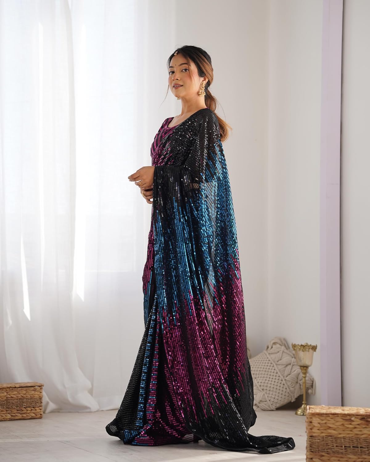 Multicolour Pure Heavy Georgette Sequins Saree