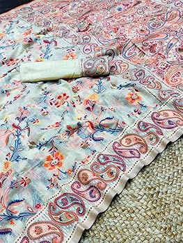 Cream Pure Soft Pashmina Kachi Work Saree Pashmina Saree Anant Tex Exports Pvt.Ltd..