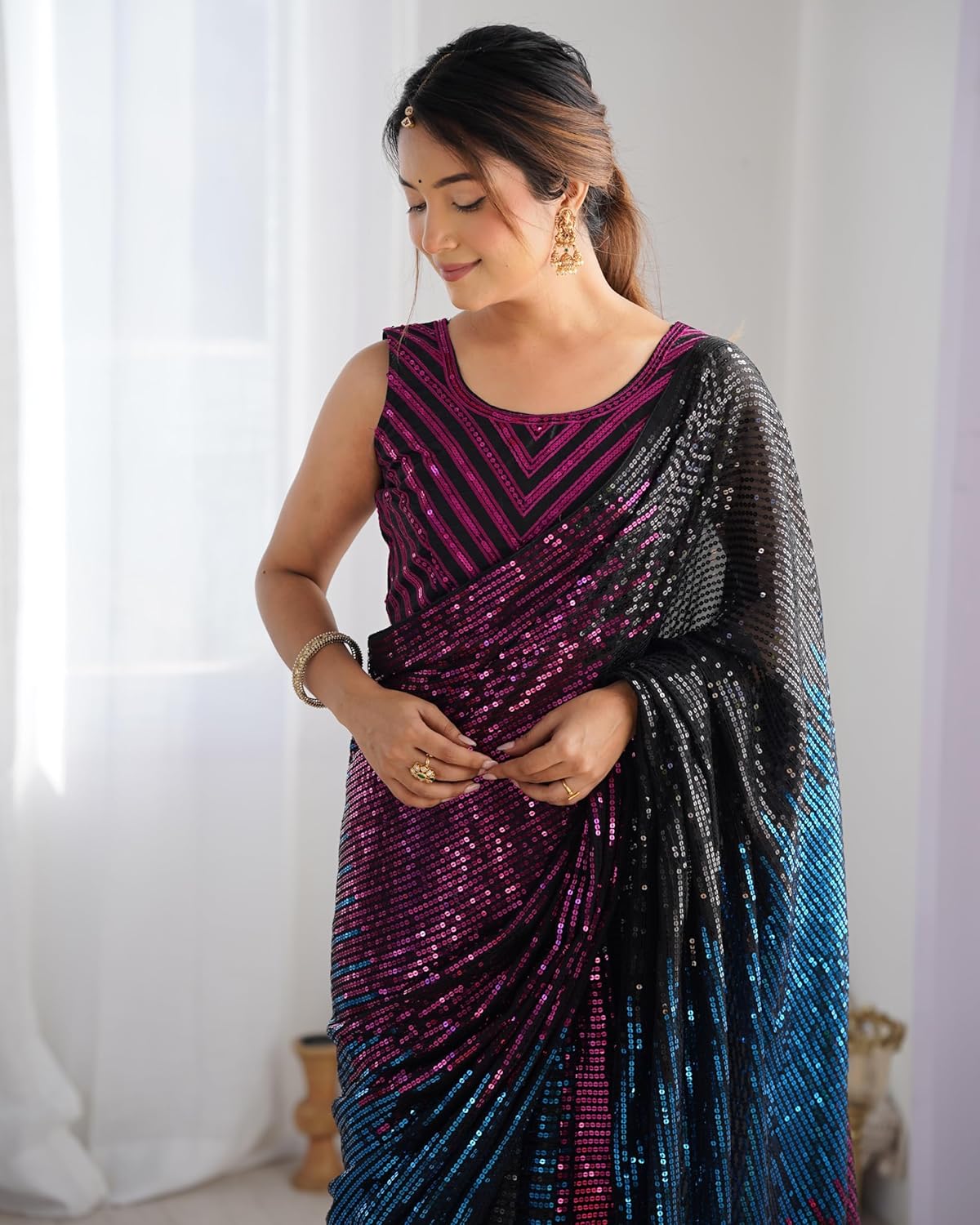 Multicolour Pure Heavy Georgette Sequins Saree