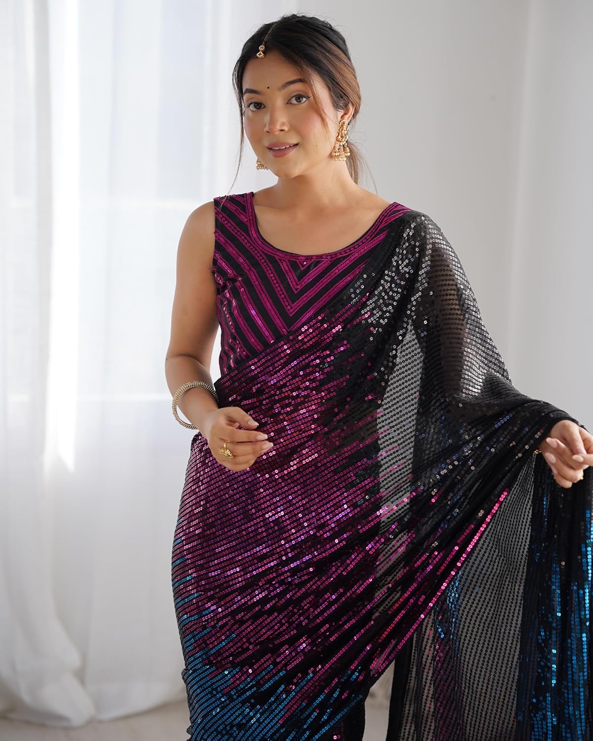 Multicolour Pure Heavy Georgette Sequins Saree