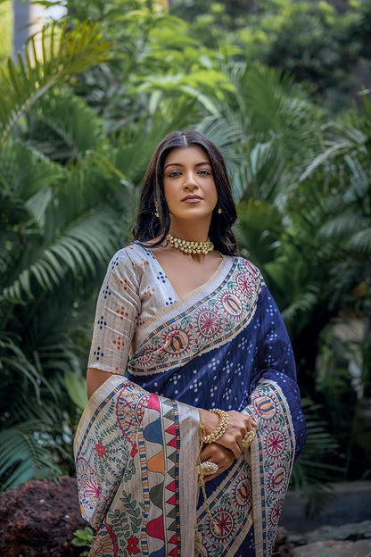 Blue Pure Soft Tussar Silk Madhubani Saree Tussar Saree Anant Tex Exports Pvt.Ltd..