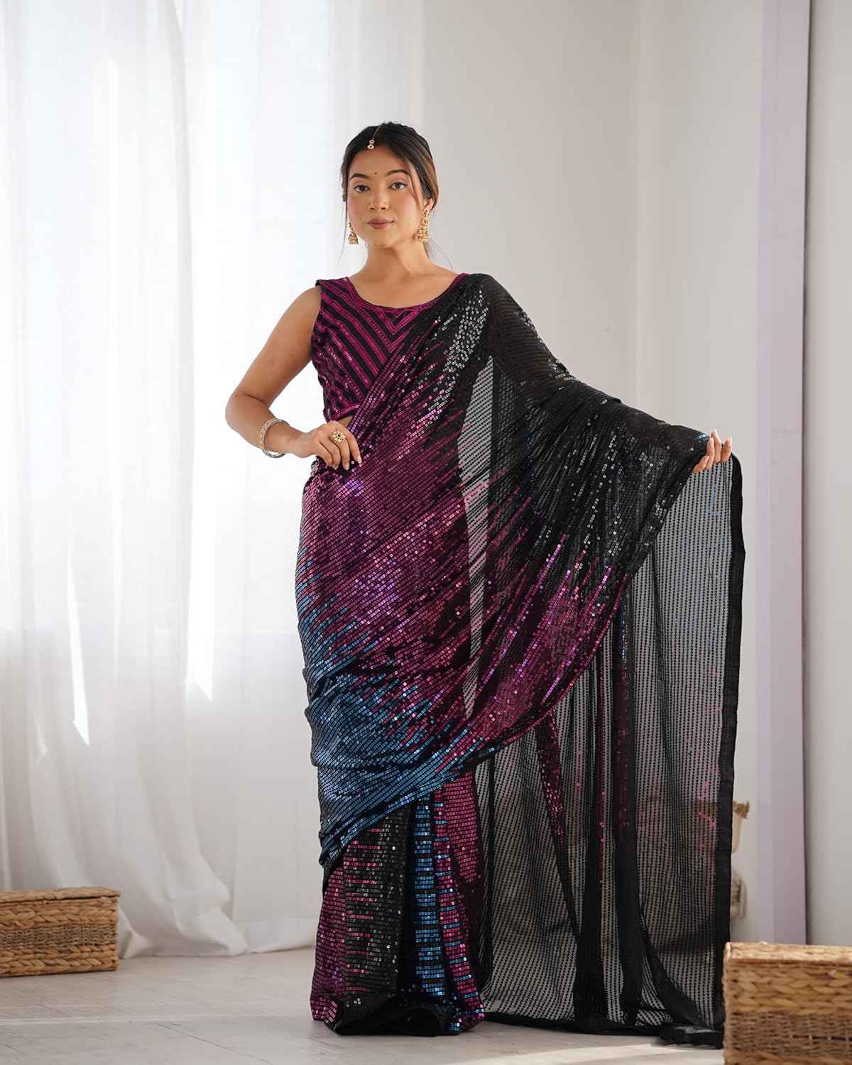 Multicolour Pure Heavy Georgette Sequins Saree