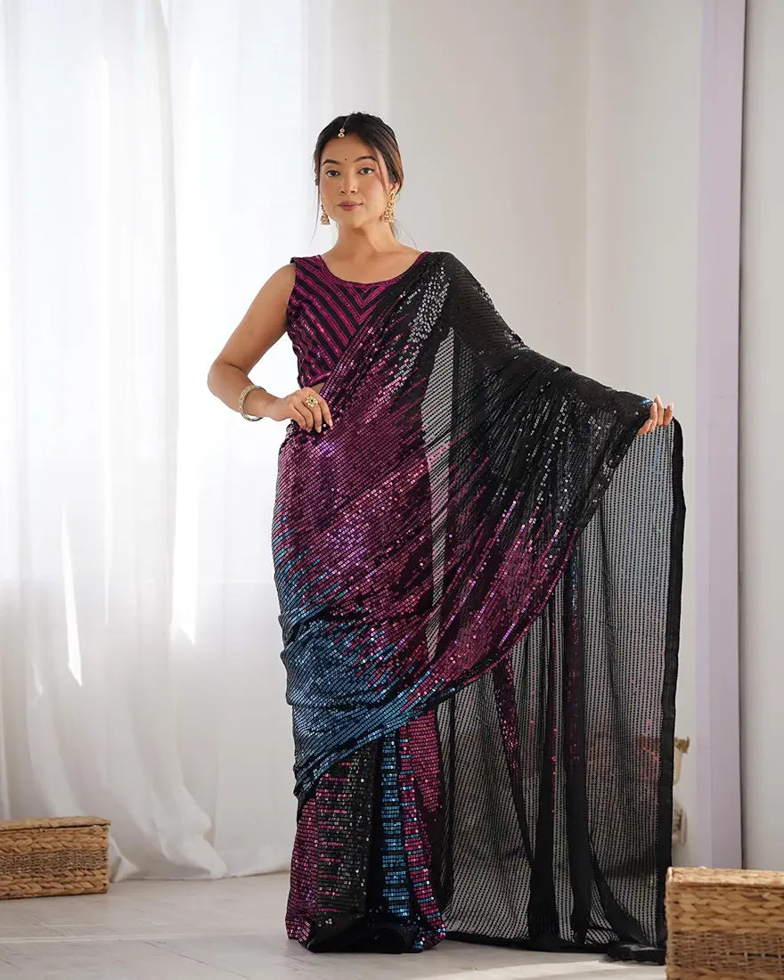Multicolour Pure Heavy Georgette Sequins Saree