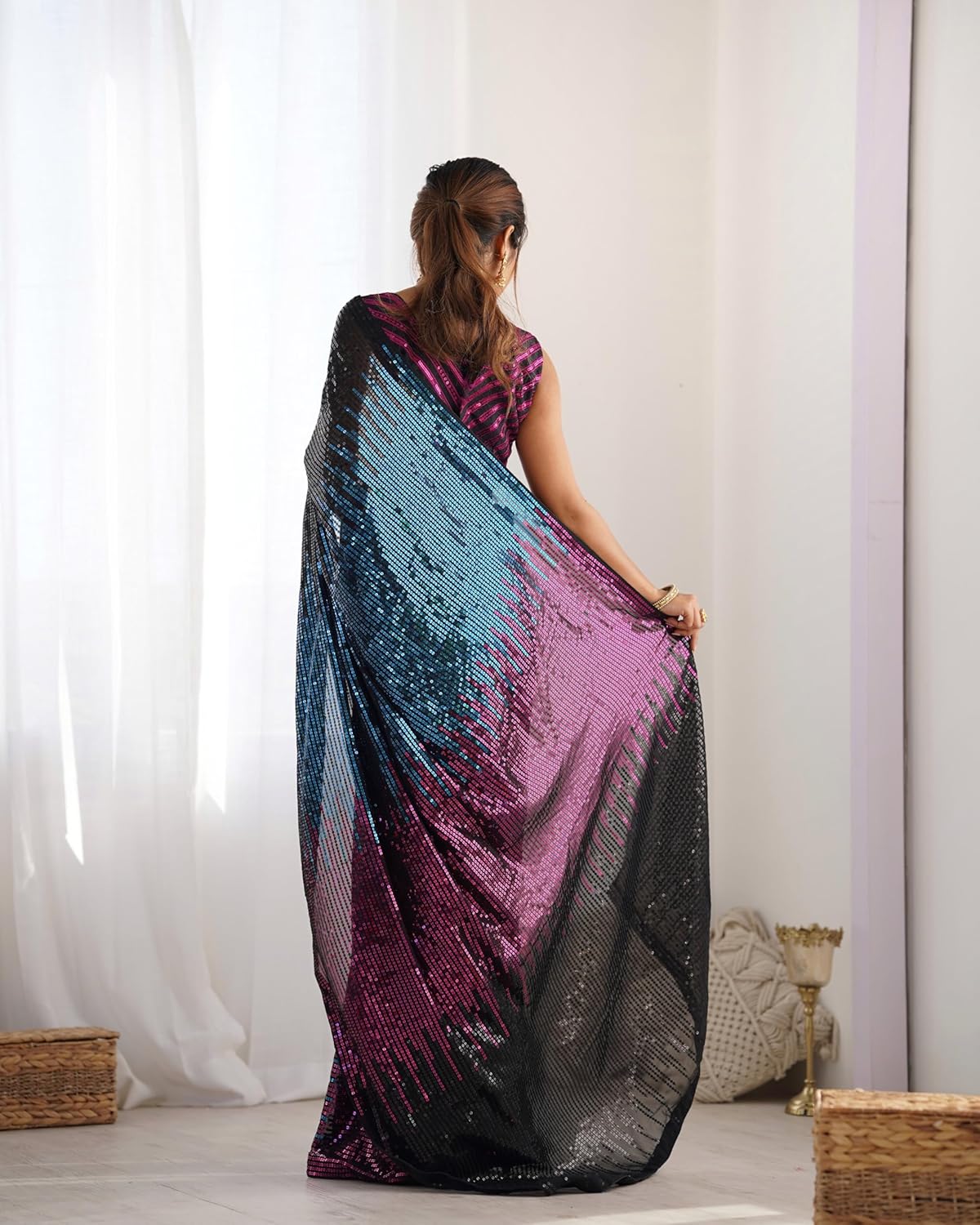 Multicolour Pure Heavy Georgette Sequins Saree