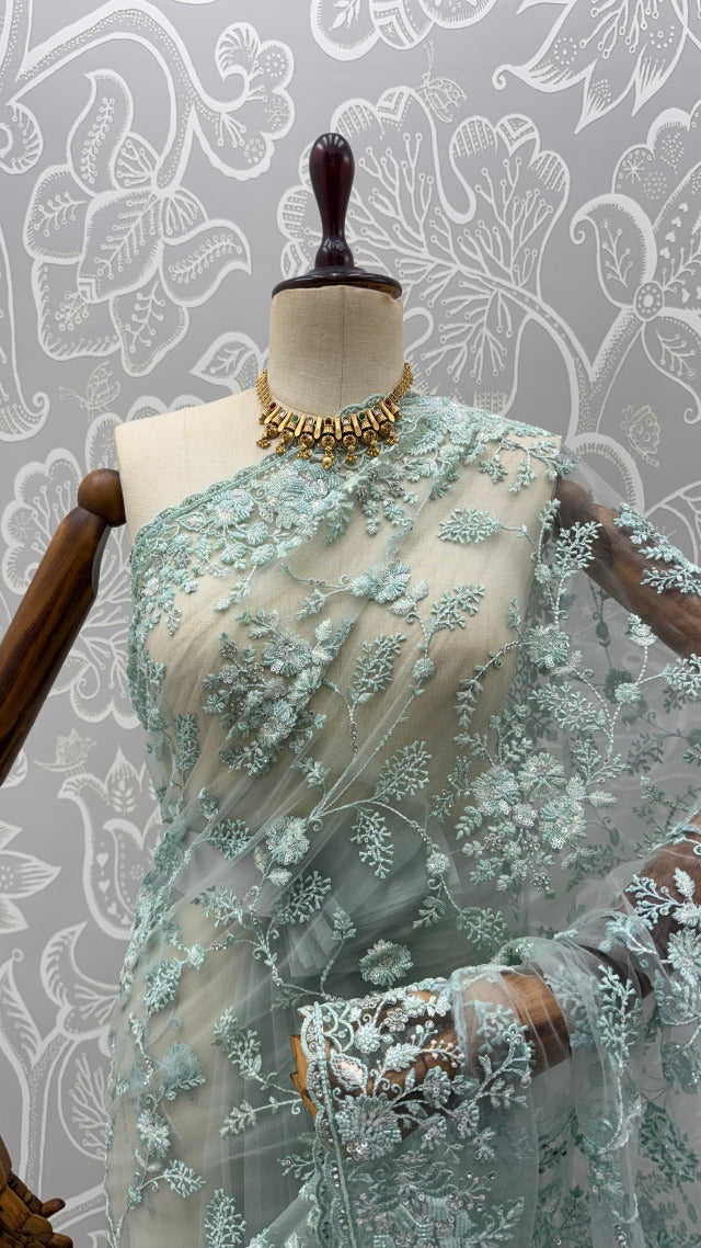 Sea Green Pure Premium Net Handwork Kasti &amp; Motif Zari Metallic Sequins Work Wedding Saree