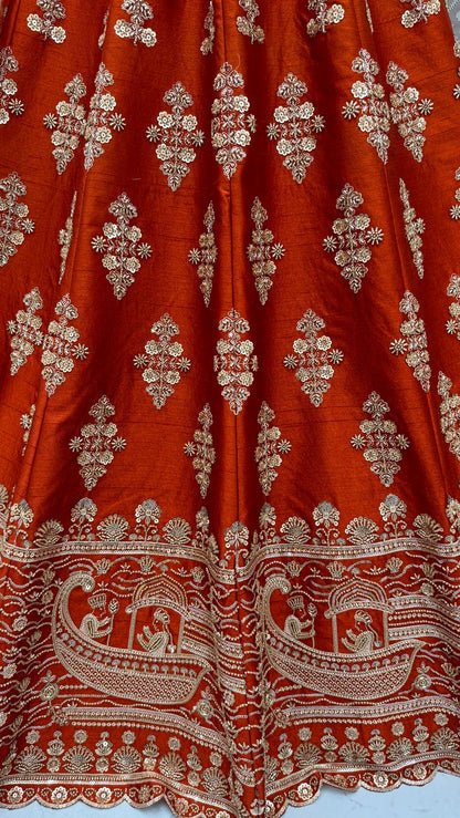Orange Pure Soft Heavy Silk Sequins Embroidery Work Bridal Lehenga 