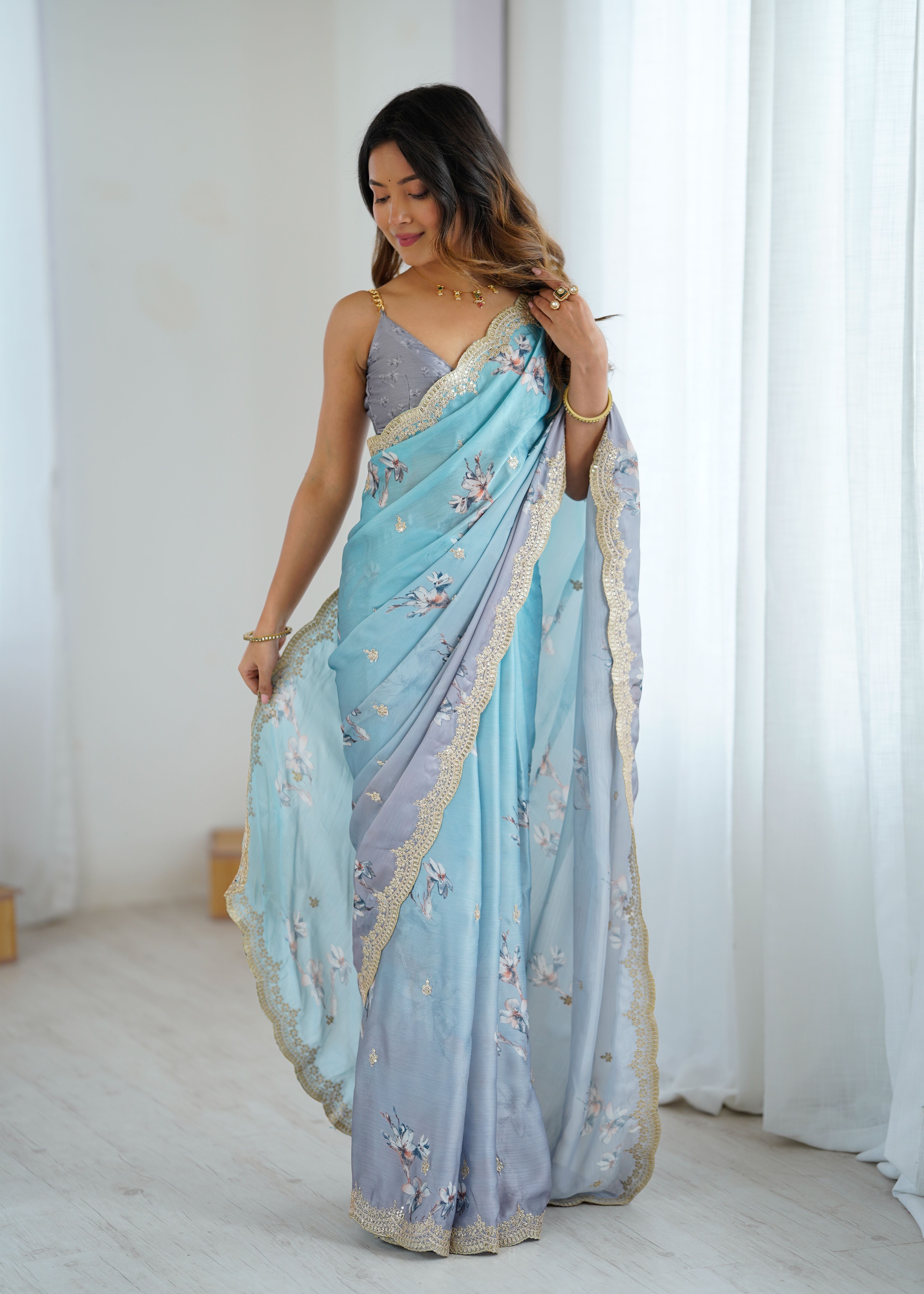 Aqua Blue Two Tone Satin Silk Sequins Embroidery Ready to Wear Saree ##color## Ready to Wear Saree with premium fabric and embroidery