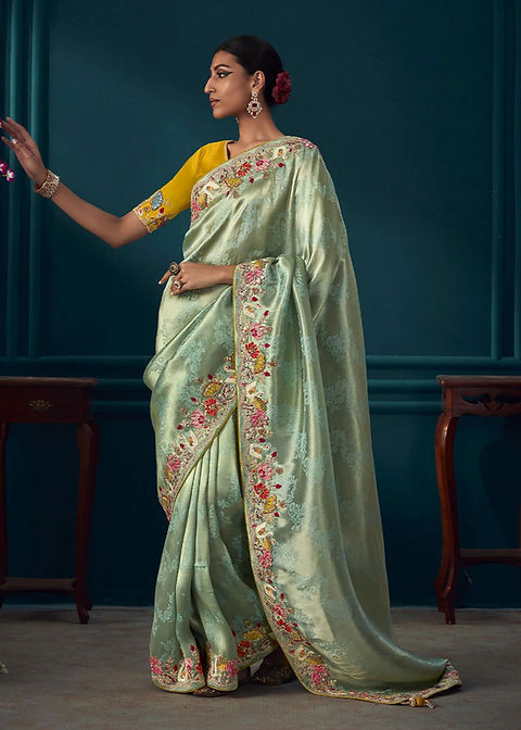 Beautiful Designer Aqua Green Banarasi Kanjivaram Wedding Saree