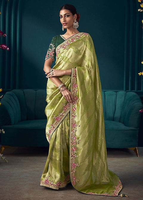 Beautiful Designer Pista Colour Banarasi Kanjivaram Saree