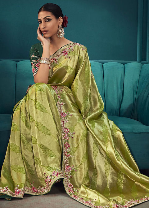 Beautiful Designer Pista Colour Banarasi Kanjivaram Saree