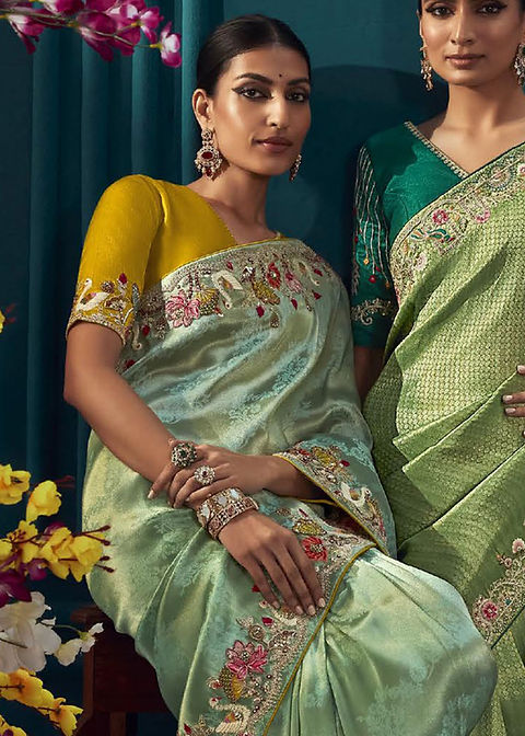 Beautiful Designer Aqua Green Banarasi Kanjivaram Wedding Saree