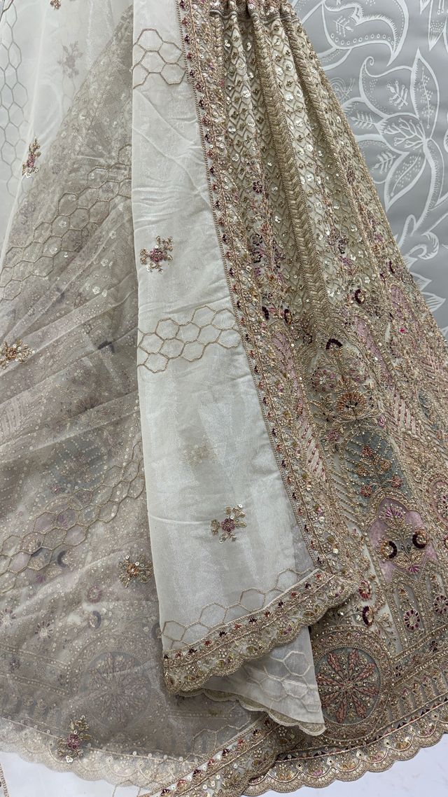 White Pure Soft Heavy Net Sequins Embroidery Work Bridal Lehenga 