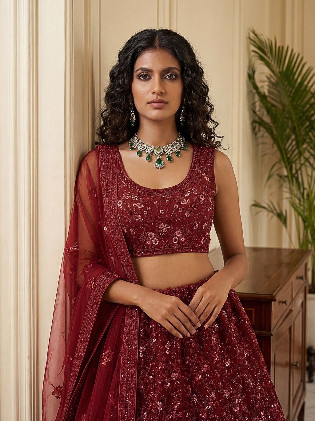 Red Pure Soft Heavy Net Sequins Embroidery Work Bridal Lehenga