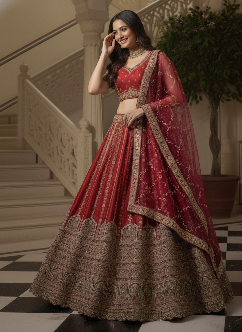 Red Pure Soft Gadhwal Silk Heavy Embroidery Work Bridal Lehenga