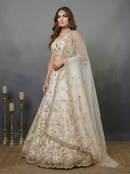 White Pure Soft Heavy Net Sequins Embroidery Work Bridal Lehenga 