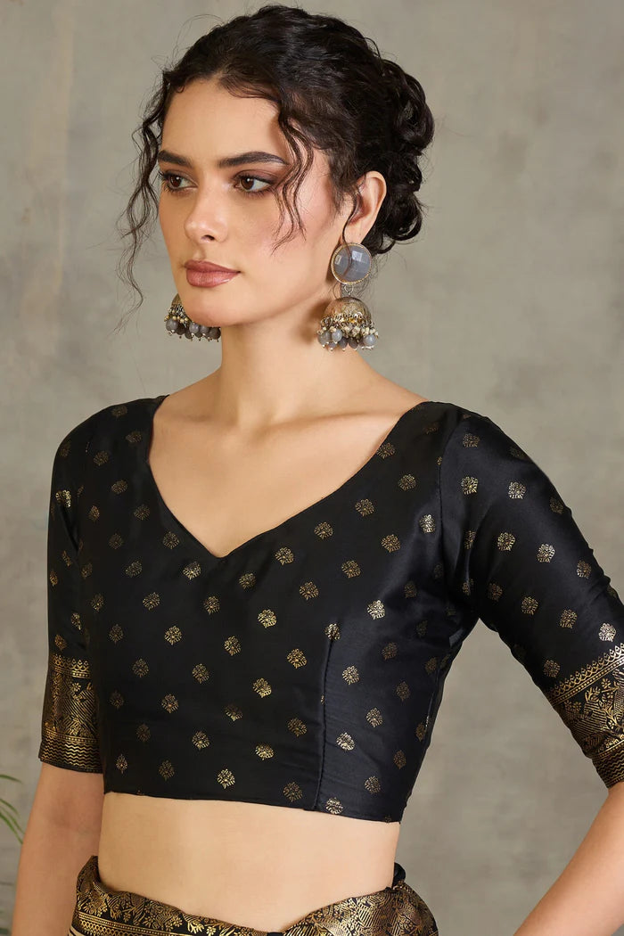 Cream & Black Semi Modal Printed Saree with Gold Zari Border ##color##  with premium fabric and embroidery