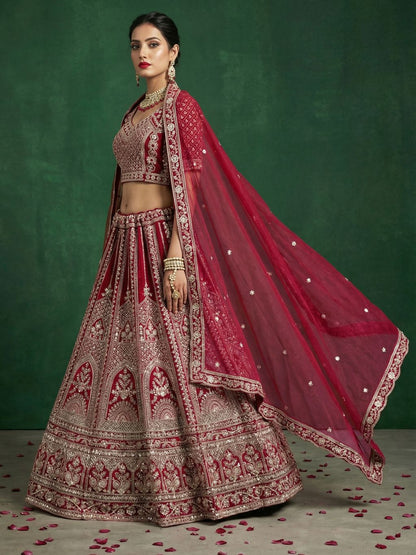 Red Pure Soft Satin Silk Heavy Embroidery Work Bridal Lehenga