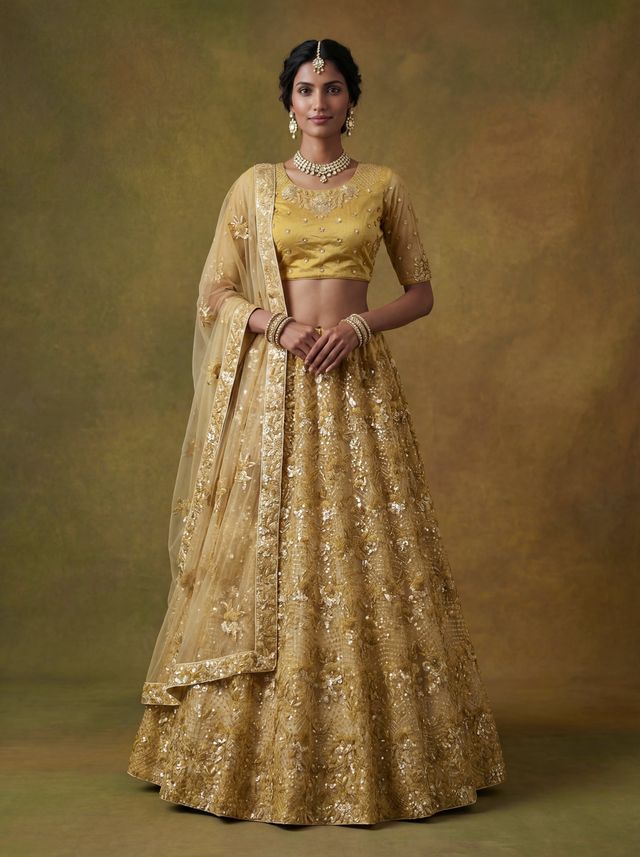 Golden Pure Soft Heavy Net Sequins Embroidery Work Bridal Lehenga Choli 