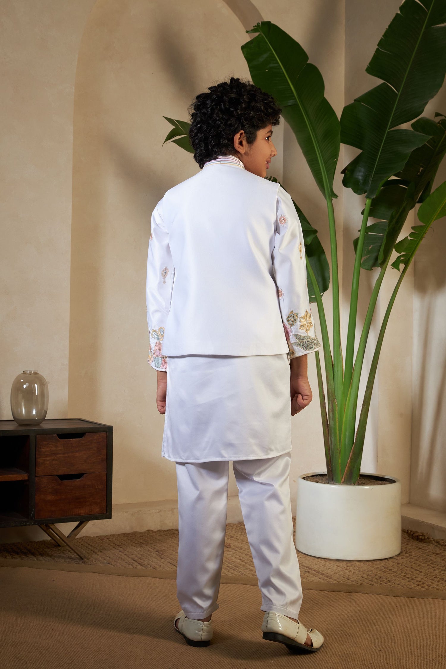 White Pure Satin Silk Kids Boy Kurta Pajama With Koti Jacket 