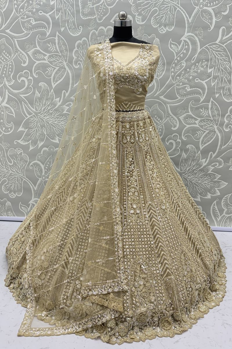Beige Pure Soft Net Heavy Embroidery Work Bridal Lehenga 