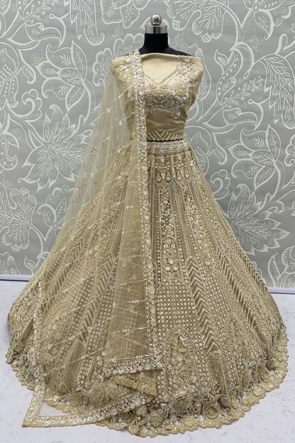 Beige Pure Soft Net Heavy Embroidery Work Bridal Lehenga 