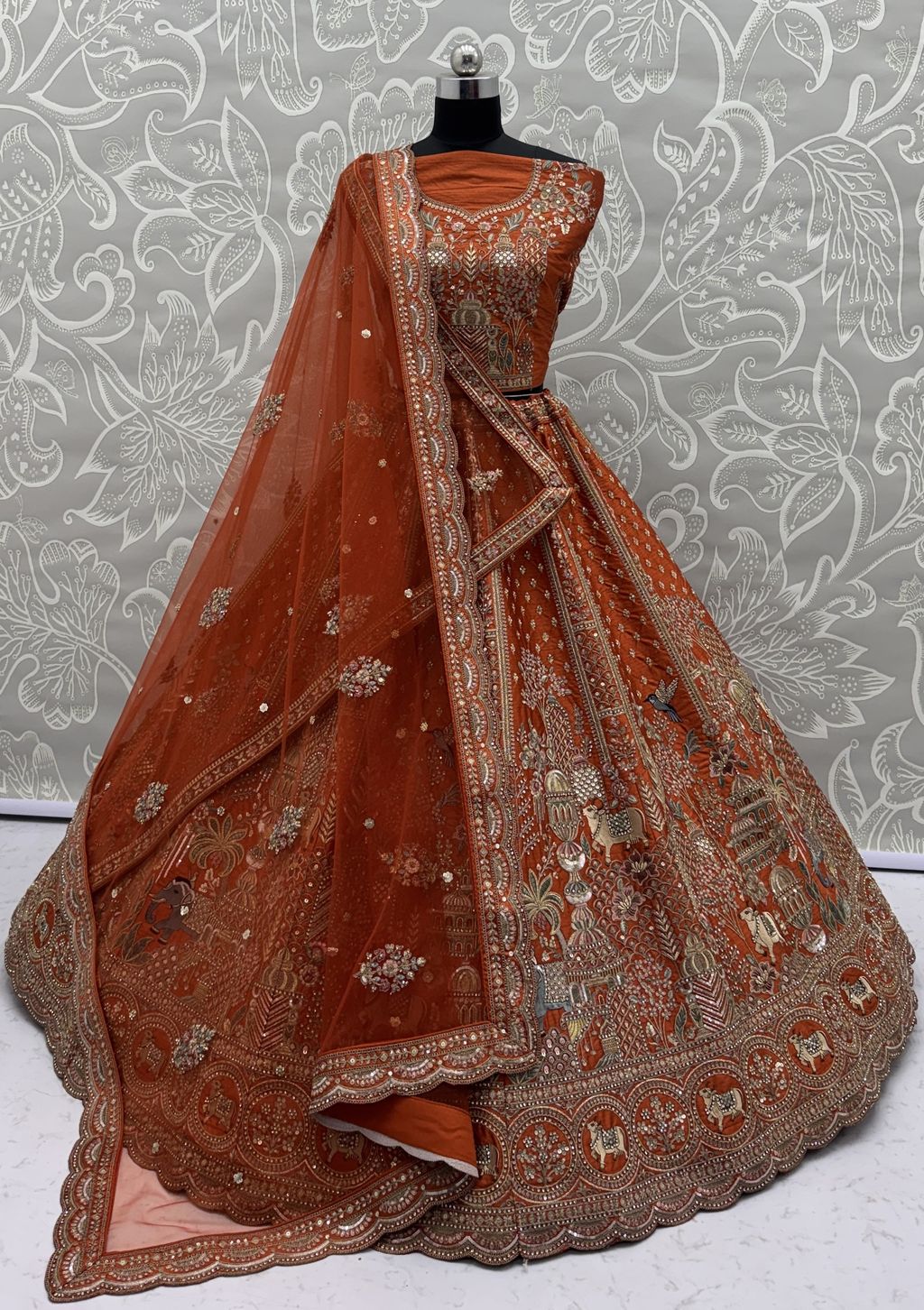 Orange Pure Soft Gadwal Silk Heavy Embroidery Work Bridal Lehenga 