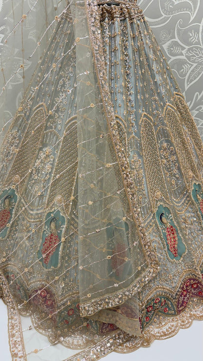 Grey Pure Heavy Net Motif Handwork Zari Sequins Work Bridal Lehenga Choli