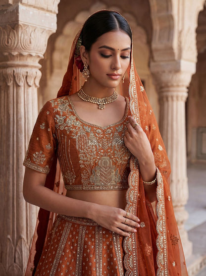 Orange Pure Soft Gadwal Silk Heavy Embroidery Work Bridal Lehenga 