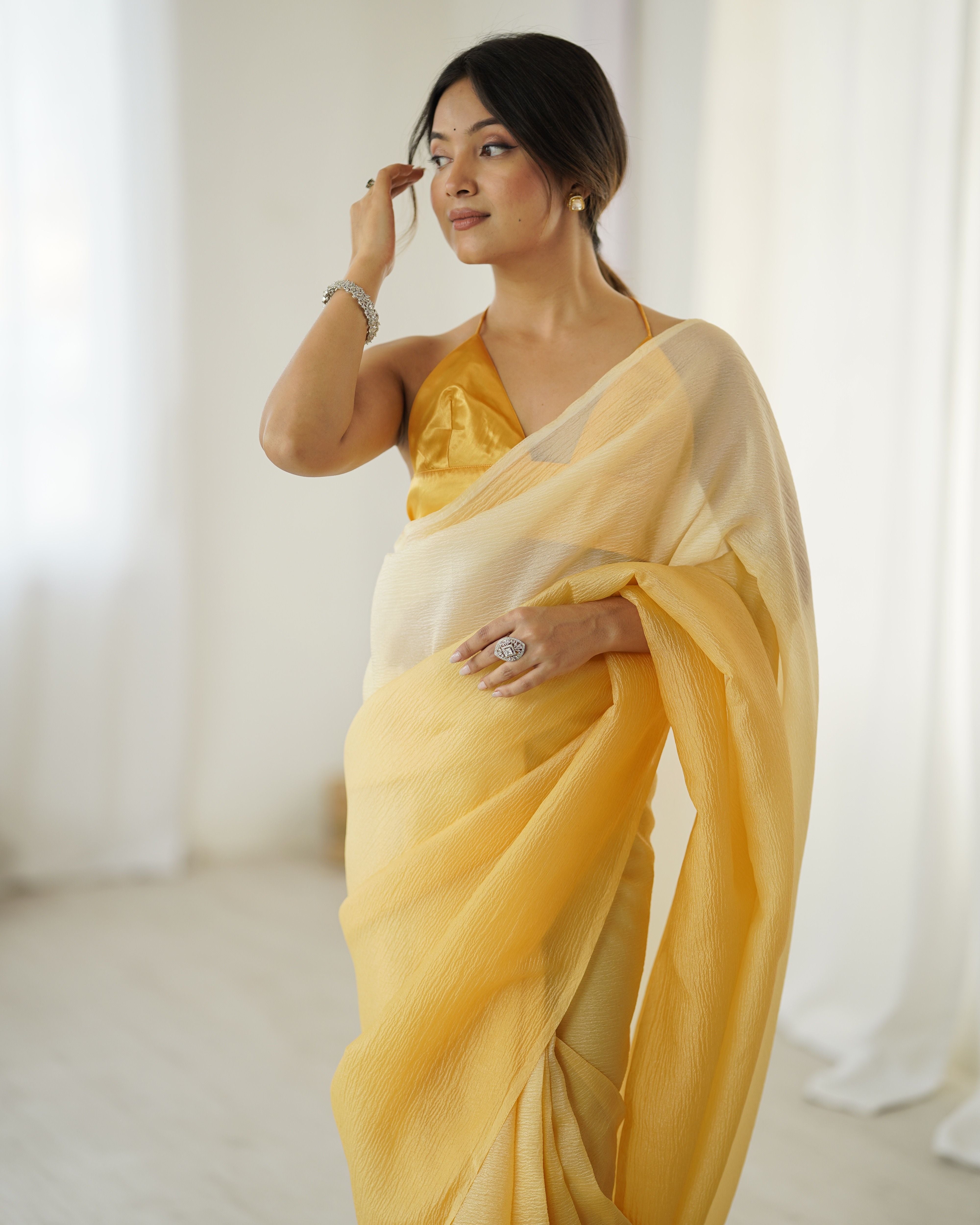 Yellow shaded Pure Soft Candy Crush Silk Ready to Wear Saree ##color## Ready to Wear Saree with premium fabric and embroidery