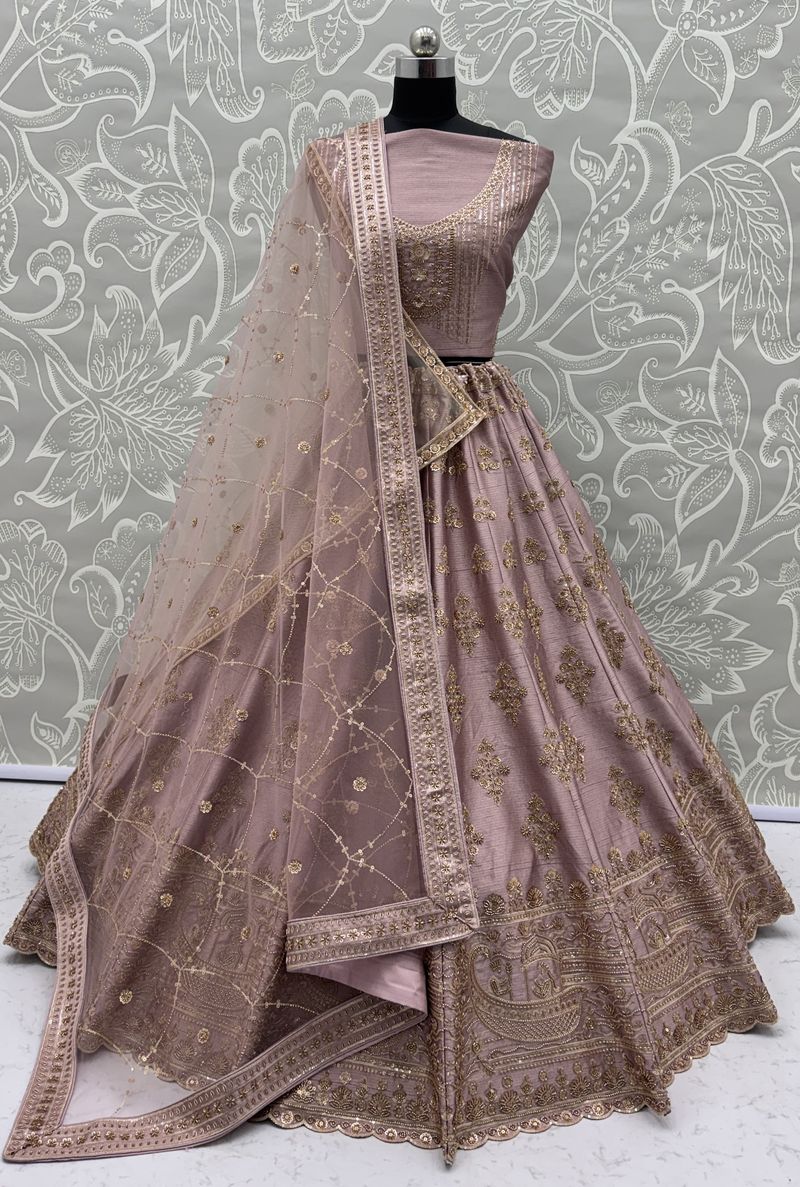 Powder Pink Pure Soft Heavy Silk Sequins Embroidery Work Bridal Lehenga 