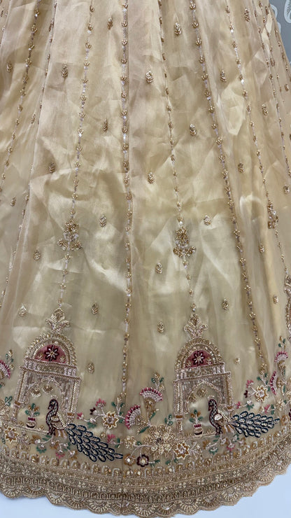 Off White Pure Chandnia Silk Handwork Motif Peacock Pattern Crystal Beads Multi Thread Dori &amp; Sequins Work Bridal Lehenga Choli