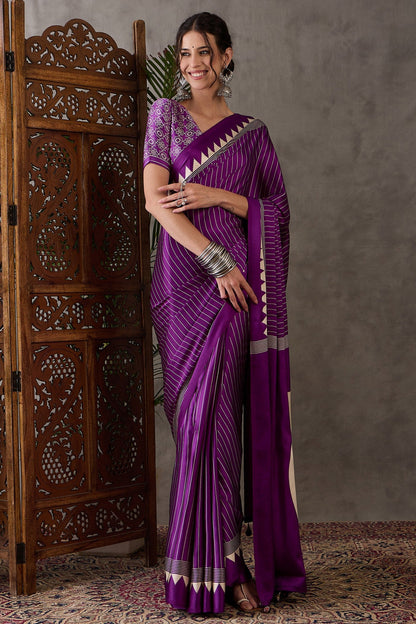 Purple Printed Satin Gaji Silk Saree 
