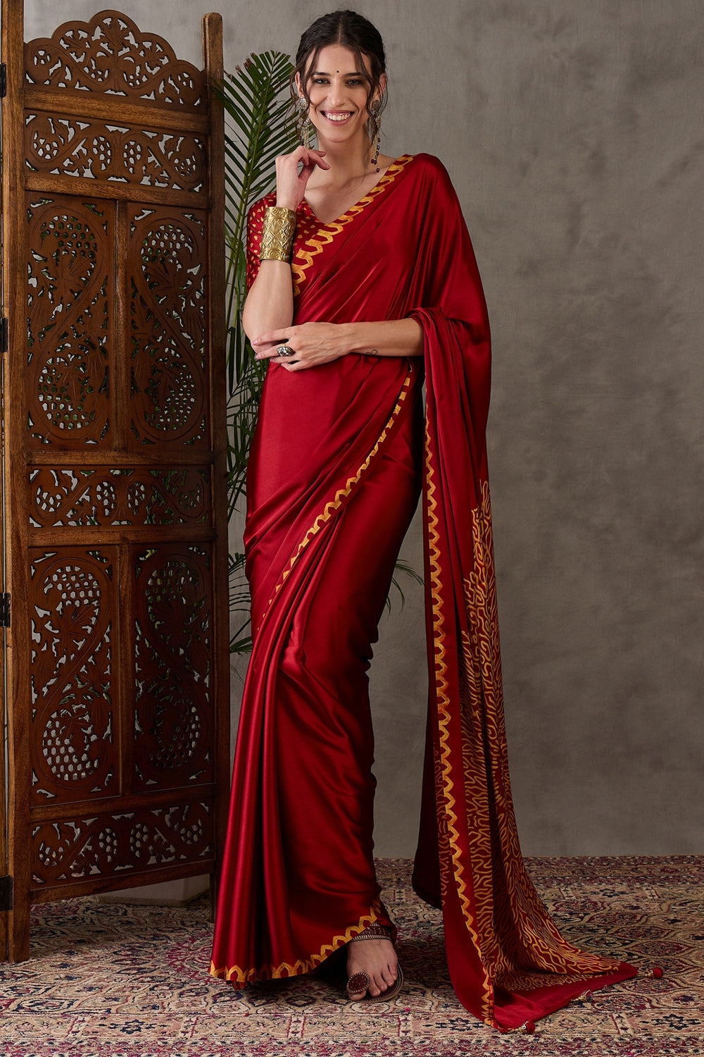 Red Pure Gaji Silk Satin Printed Saree 